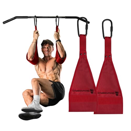 Gymreapers Hanging Ab Straps for Pull-Up Bar - Hang Bar Assist Strap & Strength Workout Equipment, Padded Adjustable Arm Supports with 2 Steel Carabiners for Leg Raises, Abdominal & Core Training - color: Red
