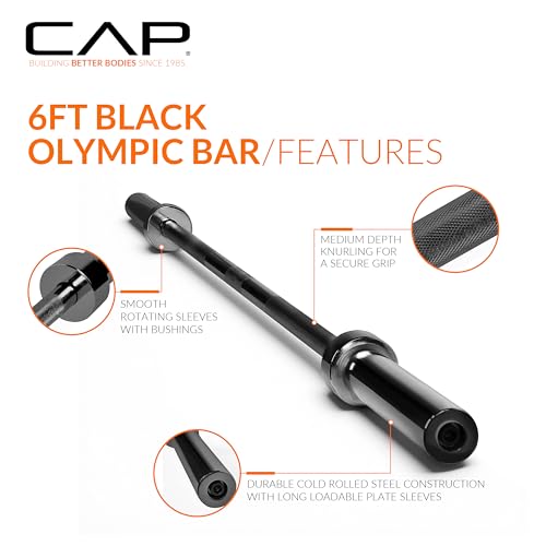 CAP Olympic Barbell - 5FT, 6FT, & 7FT Strength Training Weight Bars, Multiple Options - size: 6 ft (72") - Black, style: Classic