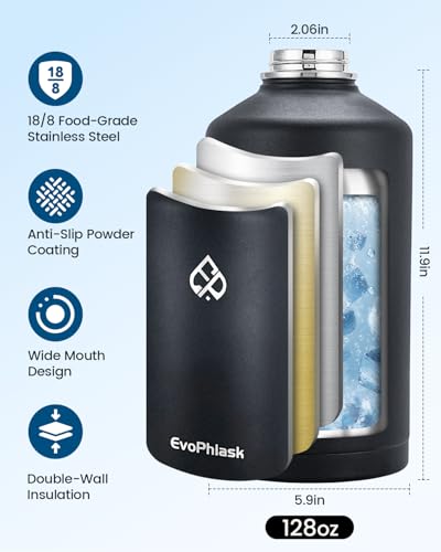 1 Gallon Water Bottle Insulated, Vacuum Stainless Steel Water Bottle Keep Cold 48Hrs, 128 oz Large Gallon Water Jug for Travel, Sport, Gym, Hiking with Carrier Bag, Black - color: Black, size: 128 Ounces