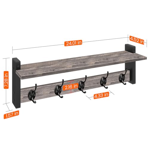 Homode Wall Hooks With Shelf, 24 Inch Coat Rack Wall Mount for Entryway, Clothes, Backpack, Key, Purse - Floating Shelf Hanging in Bathroom, Bedroom, Hallway, Rustic Grey - color: Rustic Grey, size: 24 Inch Long