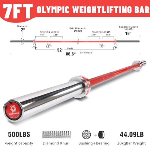 7ft Olympic Barbell 28mm 45lb – 500/700/1000LB Bar for Home Gym | Ceramic coated steel. Smooth spinning sleeves. Fits 2" plates. For snatch, clean and jerk, squats, deadlifts, bench press. - color: Silver-Red-500LBS