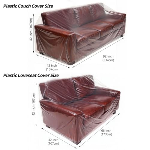 2 Pack Plastic Couch Cover Loveseat Cover with Elastic Band, Clear Furniture Cover Sofa Cover Protector for Moving and Storage, Waterproof & Dustproof Moving Bags for Couch Slipcover - size: 1pc Sofa & 1pc Loveseat