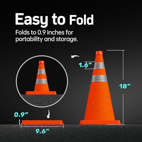 BATTIFE [6 Pack] 18 Inch Collapsible Traffic Safety Orange Cones, Multi Purpose Pop-up Cones and Reflective Collar, for Road Parking, Driving Practice - size: 18inch