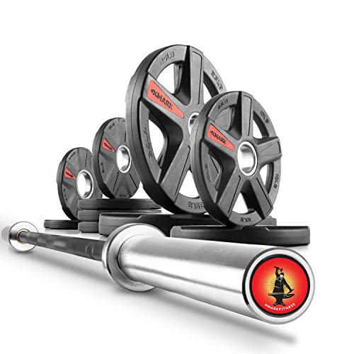 XMARK Olympic Weight Set | TEXAS STAR Weight Set Rubber-Coated Olympic Weight Set With XMARK BLACKSMITH Barbell Bar, Barbell Weight Set, Weights, Barbell - color: 09) Straight Bar & 95 lb Weight Set