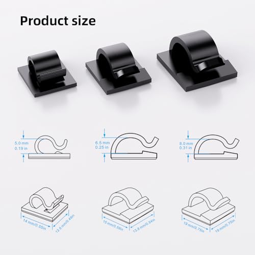 100 PCS Adhesive Cable Clips Cord Organizer (Small, Medium,Large),Wire Holder for Cable Management, Outdoor Light Clips Light Hooks for LED String,Car Dash Cam, Extension Cord (Black) - color: Black