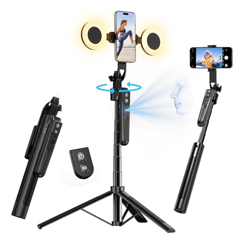 yAyusi 70.9" Auto Face Tracking Selfie Stick Tripod for iPhone with Light, No App, 360° Rotation Tripod that Follows Your Movement with Remote Control for Vlog/Live Stream/Video Recording
