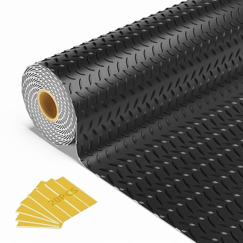 10x20 FT Garage Floor Mat, 2.8mm Thickened Flooring Roll for Under Car Diamond Plate PVC Rubber Mat with 20 Pcs Tapes, Non-Slip Floor Mat for Garage, Warehouse, Gyms, Trailer, Black - color: Black, size: 10x20 FT