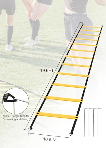 Hands Free Speed Agility Training Equipment Set - 20ft Agility Ladder, 10 Disc Cones, Resistance Parachute, 5 Resistance Bands & Carry Bag | Football Soccer Basketball Fitness Drills - color: Yellow-1