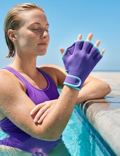 FitsT4 Sports Aqua Gloves Webbed Paddle Swim Gloves Fitness Water Aerobics - color: Purple/Teal, size: Large