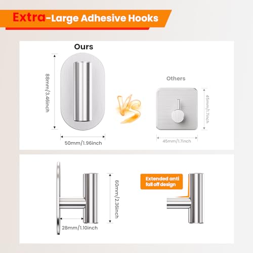 Aikzik Silver Adhesive Hooks Heavy Duty, Wall Hooks for Shower, Bathroom, Towel, Coat, Robe, Stainless Steel Hooks for Hanging, Waterproof & Rustproof Sticky Hooks for Walls No Damage- 2 Pack - color: Silver-2Pack