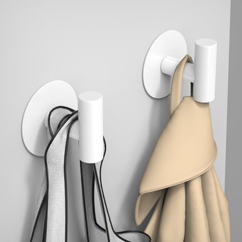 Heavy Duty White Towel Hooks, Stainless Steel Adhesive Coat Hooks for Bags, Towels, Robes, Hats, Aprons – No Drill Bathroom, Kitchen, Hotel Wall Hooks (2 Pack) - color: White, size: Adhesive "T" Shape- 2 Pack