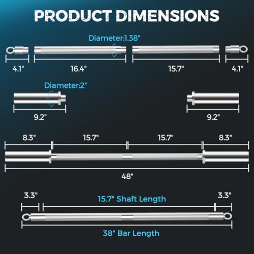 DASKING 4ft/4.9ft Barbell, 2-Inch Olympic Detachable Bar, Portable Strength Training Bar for Weightlifting, Squat, Bench Press, Home Gym, 450LBS, Includes Silent Collars - size: 3.9 Ft
