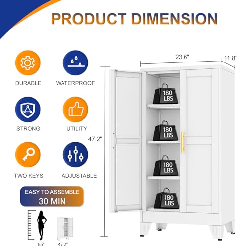 Metal Storage Cabinet with 2 Doors and 3 Adjustable Shelves - 47.2" Steel File Cabinet,Tool Cabinets for Office,Home,Garage,Gym,School,Bathroom,Kitchen(White) - color: White, size: 47.2H