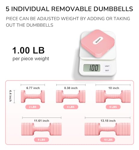 5-in-1 Adjustable Dumbbell Set for Women Men 10 lb Each | Dumbbells Set of 2, Free Weight Set at Home Gym, Locking/TPU Soft Handle for Exercise & Muscle Toning Weight Loss - color: Pink