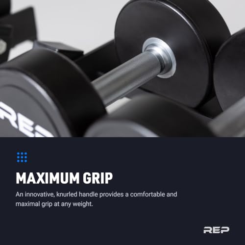 REP Fitness Urethane Coated Round Dumbbells, 5 to 100 lbs, Singles or Pairs, With or Without Rack, Steel Core, Rubber Encased, Chrome Handles, Professional Weights for Home Gym Strength Training - style: 5-75 lb set with 3 Tier Rack