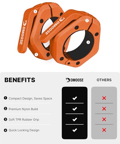 DMoose Fitness Barbell Clips 2 Inch (Pair) - Quick Release Olympic Barbell Clamps & Collars with Anti Slip TPR Grip for Secure Weightlifting and Powerlifting - Weight Clips for Bars at Home or Gym - color: Orange, style: Non Magnetic