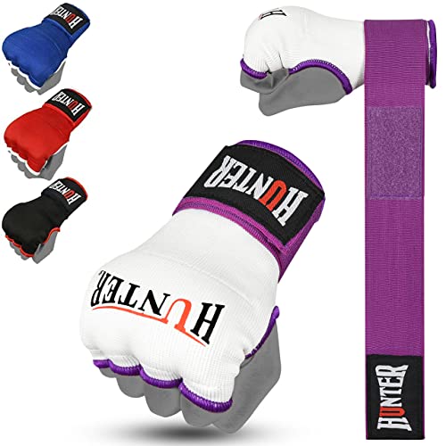 HUNTER Gel Boxing Hand Wraps for Men & Women, Quick Inner Gloves with Wrist Support for MMA, Muay Thai, Kickboxing & Martial Arts Training, Knuckle Protection (Pair) - color: White/Purple, size: Small-Medium