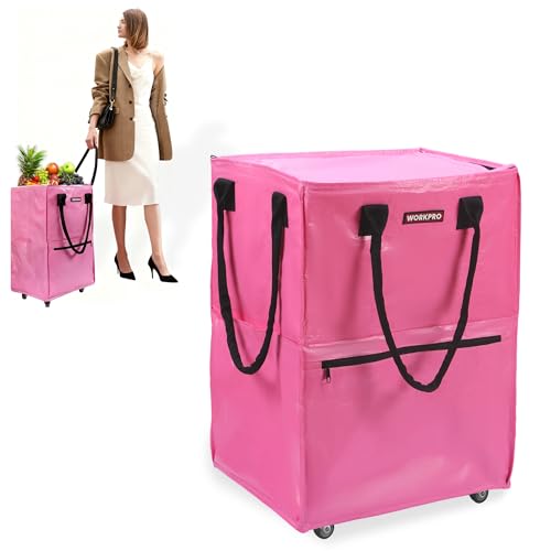 WORKPRO Medium Reusable Grocery Bag on Wheels, Heavy Duty Rolling Shopping Tote with Handle, Folding Trolley on 4 Caster Wheels for Groceries, Laundry, Camping, Moving - color: Pink, size: Medium