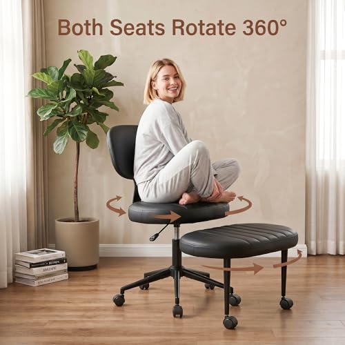 Cross Legged Office Chair with Wheels, 360 Swivel Height-Adjustable Meditation Chair with Lumbar Support, PU Leather, Black - color: Black, size: Oval Back