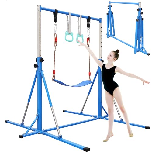 FC FUNCHEER Foldable Gymnastics Bar,5FT Horizontal bar,Adjustable Kids Training bar for Kids Ages 3-15,Kids Gymnastics bar,Triangle Stable Structure-Gym Equipment for Home - color: Blue, style: Bar-Swing-Rings