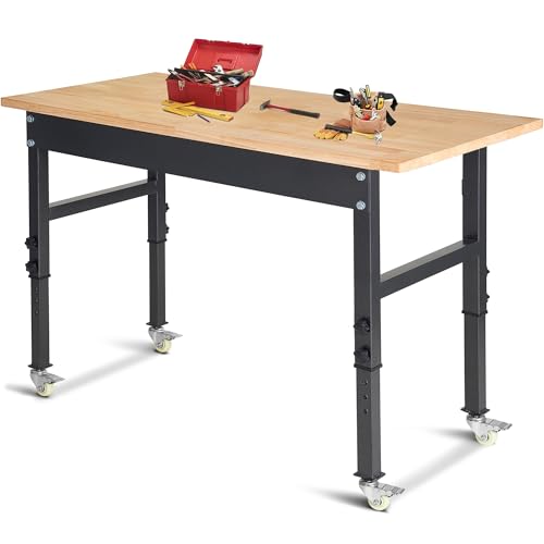 48" Adjustable Work Bench, Rubber Wood Top Workbench | Heavy-Duty Work Table with Wheels, 2000 LBS Load Capacity Hardwood Work Benches for Garage - size: with wheels, 48