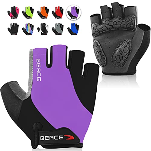 BEACE Gloves for Cycling Bike Biking Half Finger Road Bicycle for Men and Women-5MM Breathable Anti-Slip Shock-Absorbing Pad Gym Motorcycle Light Weight Mountain Bike Gloves - color: Purple, size: Medium