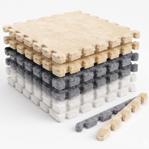 Puzzle Play Mat for Floor - 16 Snap-Together Interlocking Tiles (11.8 x 11.8 x 0.4 in Each, 47 x 47 in Total) for Kids Playroom & Home Floor Play, Edge Borders Included, White Tan Gray