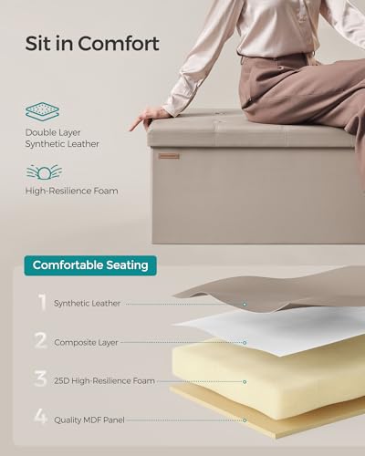 SONGMICS Mazie Collection - 43 Inches Folding Storage Ottoman Bench, Ottoman with Storage, Foot Rest Stool, Load 660 lb, for Living Room, Synthetic Leather, Camel Brown ULSF070K03 - color: Camel Brown, size: 15"D x 43"W x 15"H