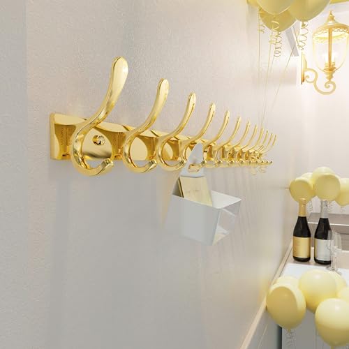 SKOLOO Coat Rack Wall Mounted - 6 Hooks, Pack of 2, Heavy Duty, Stainless Steel, Metal Wall Hangers, Sturdy Coat Hooks for Hanging Coats, Jacket, Clothes, Hat, Bright Gold - color: Bright Gold, size: 6 Hook(2 Pack)