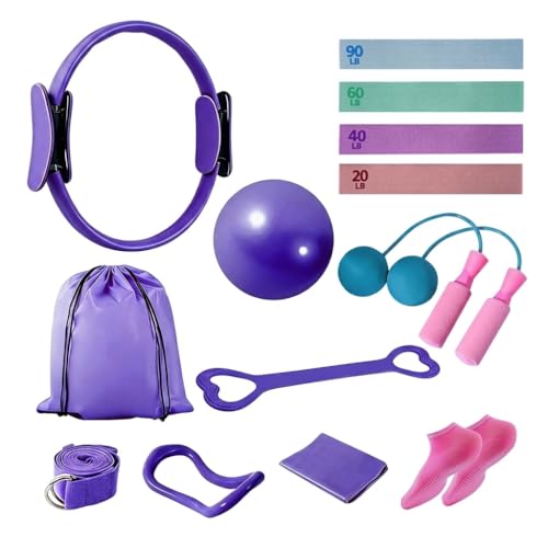 Home Pilates Kit for Women, Workout Set with 12.9" Ring, 9.8" Mini Ball, 4 Fabric Bands, Figure-8 Band, Stretch Band, D-Ring Strap, Cordless Jump Rope, Socks, Carry Bag - color: purple