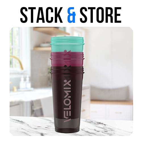 VELOMIX 3 Pack 14 oz Protein Shaker Bottle for Mixes - 3 Wire Whisk Balls | Stackable Leak Proof Cups | Dishwasher Safe, BPA-Free (Mixed Colors) - color: Mixed Colors