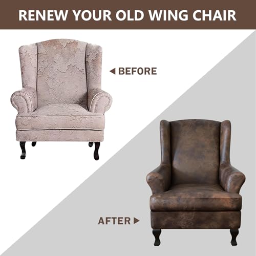 ANARACHON Leather Look Wingback Chair Covers, 2-Piece Wing Chair slipcover,Stretch Wing Back Armchair Slipcovers with Elastic Bottom, Soft Spandex FurnitureProtector for Living Room (Brown #2) - color: Brown #2