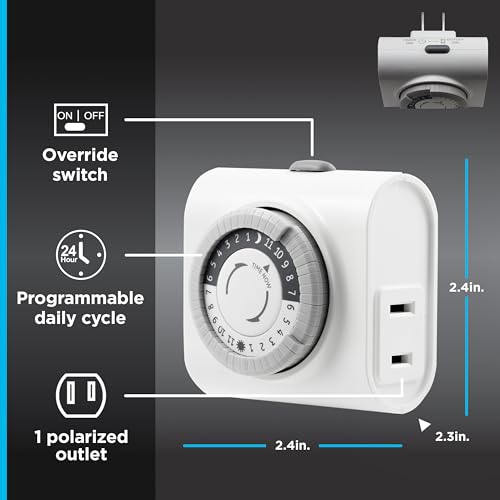 GE 24‑Hour Mechanical Outlet Timer Switch, Single Polarized Plug‑in Control for Indoor Lighting, Lamps, Christmas Trees and Seasonal Decor (1 Pack), 15119 - size: 1 Pack