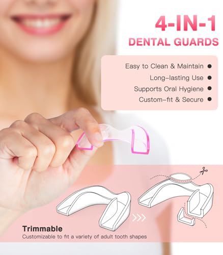 Anti Grinding Guard, Mouth Guard for Grinding Teeth at Night,Mouth Guard for Sleeping,Transparent Pink, 4 Pack/2 Size, Night Guards with 2 x 5X Mirror Case - size: 2 Sizes (4 Pack)