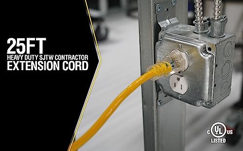 Southwire Yellow Jacket Heavy Duty Extension Cord - Reliable Outdoor Power for Tools & Equipment - Lighted End with Weather Resistant SJTW Jacket - 25 Foot - size: 25 ft