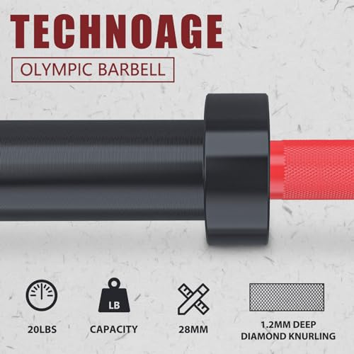 TECHNOAGE 7ft Olympic Barbell 45LB – 1500LB Capacity Weightlifting Bar with Needle Bearings & 28mm Knurled Grip, Powerlifting Strength Bar for Squat Bench Deadlift, Home Gym Olympic Weight Bar - color: Black Red