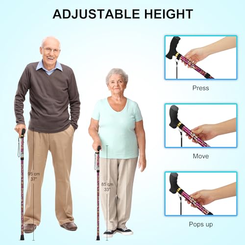 supregear Folding Cane, Lightweight 5-Level Adjustable Walking Stick with Wrist Strap and T-Handle, Portable Mobility Aid for Elderly and Disabled Men and Women - color: Floral Purple