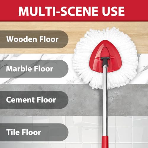 Spin Mop Replacement Set for O-Ceda EasyWring 1-Tank System, Includes 2 Mop Head Replacement, 1 Spin Base, 1 Scrubber Head, 1 Mop Handle (30-58in Adjustable 4-Section Pole) - size: 2 Heads+1 Handle+1 Base+1 Brush(1-TANK)