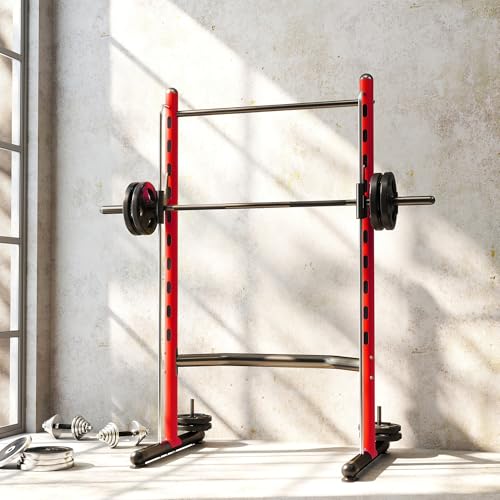 Soozier Squat Rack with Pull-Up Bar, Adjustable Power Rack with Barbell Bar, Multi-Functional Steel Bench Press Rack for Home Gym Strength Training, Black - color: Red