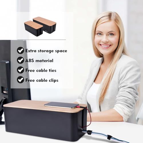 2 Pack Large Cable Management Box – Wooden Style Cord Organizer Box and Cover for TV Wires, Computer, Router, USB Hub and Under Desk Power Strip – Safe ABS Material and Baby-Pets Proof Lock (Black) - color: Black
