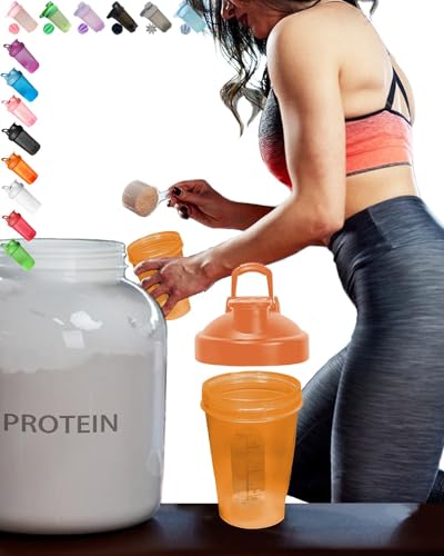 EBAT Clear Shaker Bottle w. Dark Orange Lid,Classic Loop Hook,Scale Marks of 12 OZ/400 ML,A Small Stainless Whisk Blender,BPA Free,PP5 Certified,Leak Proof,Dishwasher Safe(Other Color-Style Available)