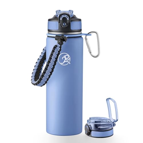GOSWAG 24oz Insulated Stainless Steel Travel Water Bottle, 2 Lids | with straw and no straw, Paracord handle, Double-wall vacuum keeps drinks cold or hot, Leakproof tumbler - color: Matte Icy Blue