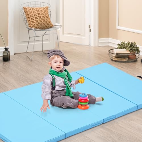 Gymnastics Mat, 3'x6'/4'x6' Thick Folding Kids' Gymnastic Tumbling Mat with Carrying Handles for Home Gym Exercise & Play - color: 3x6FT-Light Blue