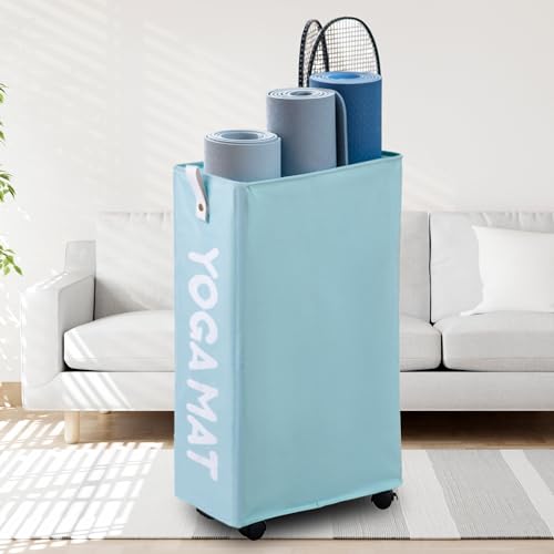 Caroeas Yoga Mat Storage Rack, Yoga Mat Holder Accessories, Home Gym Equipment Storage Yoga Mats, Women Men Workout Equipment Organization with Wheels - color: Light Blue/22'', size: 22'' Large