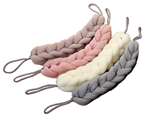 AARainbow 4 Packs Long Stretch Back Sponge with Rope Handles Back Scrubber Bath Shower Mesh Sponge Exfoliating Body Scrub Stretch Braided Loofah for Men and Women (1 White+1 Grey+1 Pink+1 Lotus Pink - color: 1 White+1 Grey+1 Pink+1 Lotus Pink