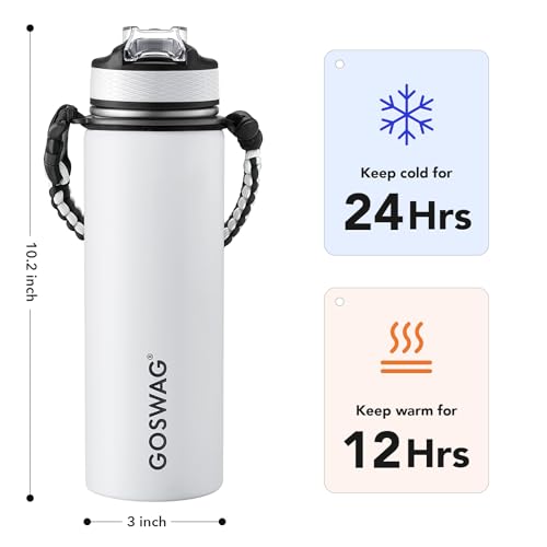 GOSWAG 24oz Insulated Stainless Steel Travel Water Bottle, 2 Lids | with straw and no straw, Paracord handle, Double-wall vacuum keeps drinks cold or hot, Leakproof tumbler - color: Matte White