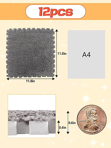 12 pcs Thickened Plush Foam Interlocking Floor Mat, Interlocking Foam Tiles with Edgings for Kids, Soft Anti-Slip Puzzle Area Square Rug Playmat for Children Room Bedroom(11.8", Gray) - color: Grey