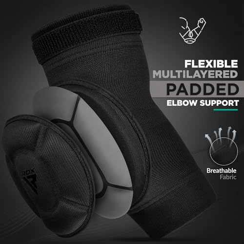 RDX Elbow Pads, Muay Thai MMA Kickboxing Sparring Elbow Guard, Martial Arts Striking Protection,Wrestling Basketball Adjustable MTB Volleyball Compression Padded Sleeve, Men Women - color: Black Black, size: Medium