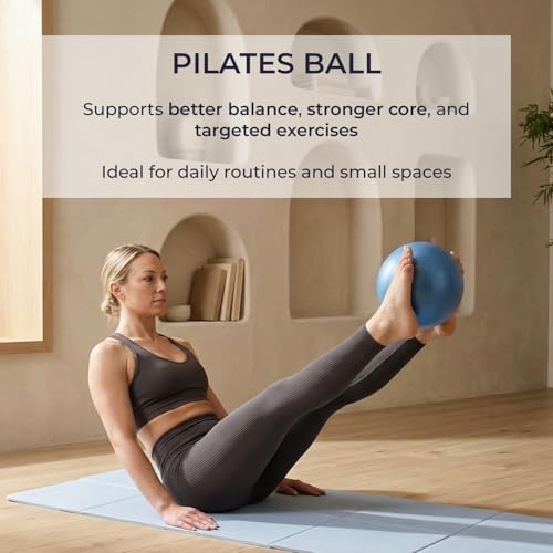 Foldable PILATES MAT with 3 Resistance Bands Set, Pilates Ball & Yoga Ball — 6-Piece Pilates Kit, Extra Thick Workout Mat, Air Pump Included. At Home Workout Equipment for Women and Men