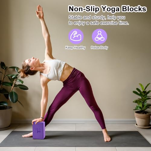 RETON Yoga Blocks Set, High - Density Yoga Block with 2 Strap, Lightweight Foam Brick Yoga Pilates Blocks, Anti-Slip Yoga Brick with Embossed Design for Posture Adjustment and Movement Assistance - color: Purple